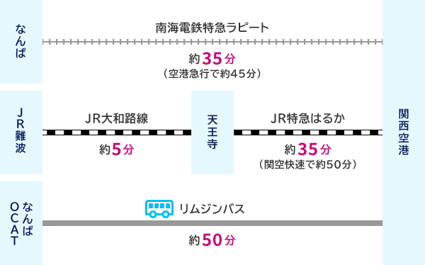 なんばから南海電鉄特急ラピード（約35分（空港急行で約45分））で関西空港 または JR難波からJR大和路線（約5分）で天王寺、JR特急はるか（約30分（関空快速で約45分））で関西空港 または なんばOCATからリムジンバス（約50分）で関西空港